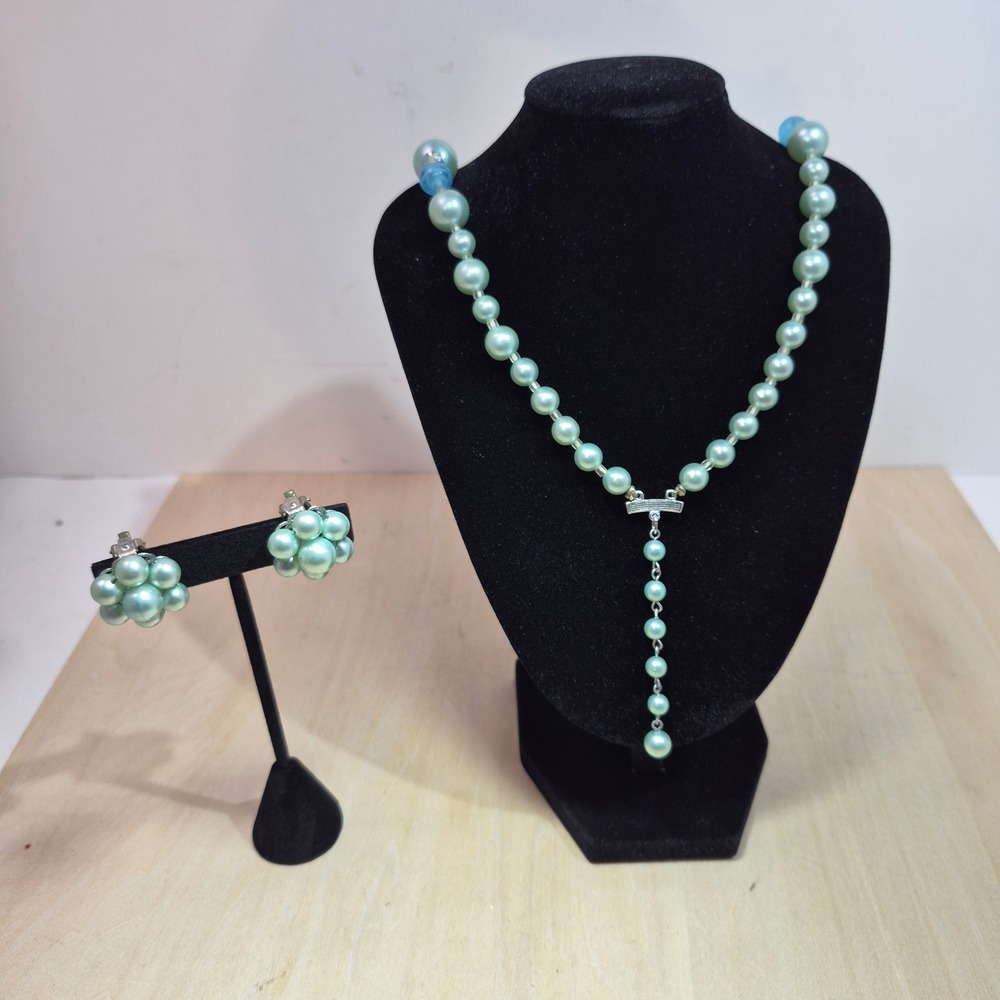 Vintage Seafoam Green Faux Pearl Y-Drop Necklace and Cluster Clip-On Earrings